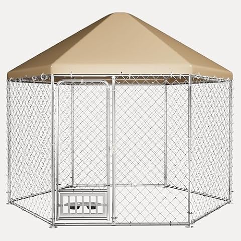 QUYZE Outdoor Dog Kennel with Roof, Large Dog Kennel Outdoor with Rotating Feeding Bowls,Heavy Duty Hexagonal Dog Pens Outside for Backyard (9.3x9.3x8.1 FT) Cover