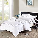Deep Sleep Home 3pc Duvet Cover Set, 40s Cotton Sateen, Navy Blue Embroidered Lines, 250 Thread Count Percale, White Background, Double Full, Queen, King Size (Queen, Navy)