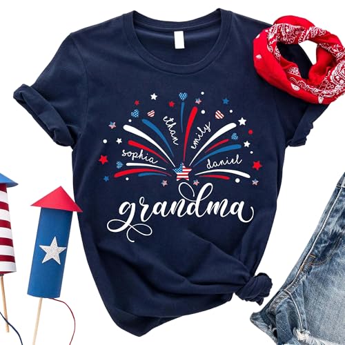 Famitrendz Personalized 4th of July Grandma Shirt, Custom Firework America Flag Grandma Mom and Kids Names Shirt, 4th of July Gifts, Patriotic Mom Shirts, Independence Day Shirts for Women