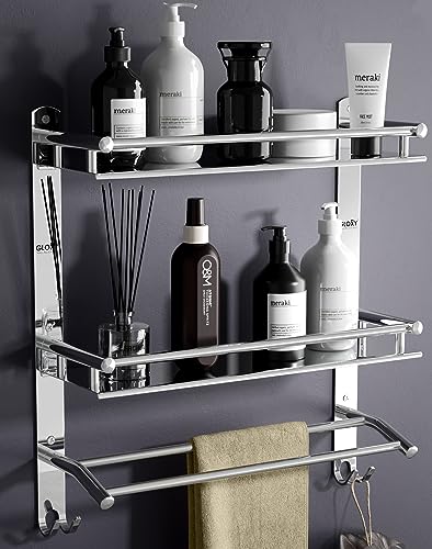 GLOXY Stainless Steel Washroom Storage Organizer | Double Layer Wall Mounted Bathroom Shelf with Towel Rod | Bathroom Accessories for Storage and Organization – Chrome Finish (15W x 5D x 18H in)