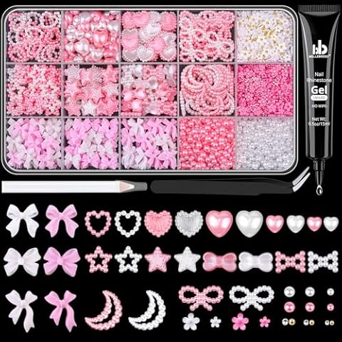 3D Nail Charms for Coquette Nails Design with Rhinestone Glue Set 2, White Pink Nail Bow Charms + Pearl Heart Star Moon Bowknot Nail Jewels + 3D Flowers and Pearls, with Picker Tools for Nail Decor Cover