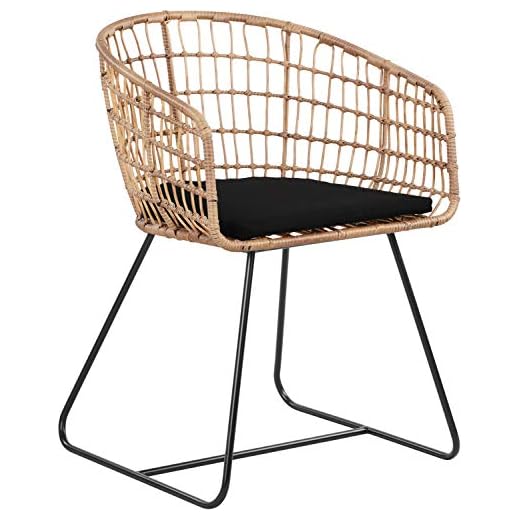 Tommy Hilfiger Graham Rattan Dining Chair, Woven Wicker Armchair with Seat Cushion Black Durable Metal Legs, Boho Modern Accent Lounge Furniture, Natural