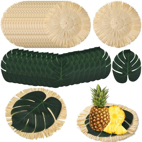 Sunnychicc 36pcs Luau Placemats and Palm Placemat, Round Luau Fringe