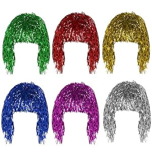 Pelucas Metal Brillante para Set de Pelucas Brillante Brillante Pelucas Mujeres Adecuado para Halloween Navideña y Despedida de Soltero Cosplay 6 pcs – (Oro, Blanco, Verde, Púrpura, Rojo y Azul)