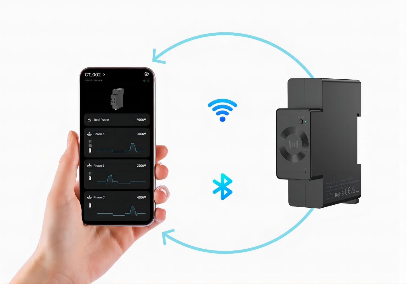 MARSTEK Smart Stromzähler CT002,Echtzeit-Energiemonitor für 1- & 3-Phasen-Anlagen, WLAN & Bluetooth, PV-ready, 10 Jahre Garantie,Stromkosten bis 30% sparen,0% MwSt für Privatpers