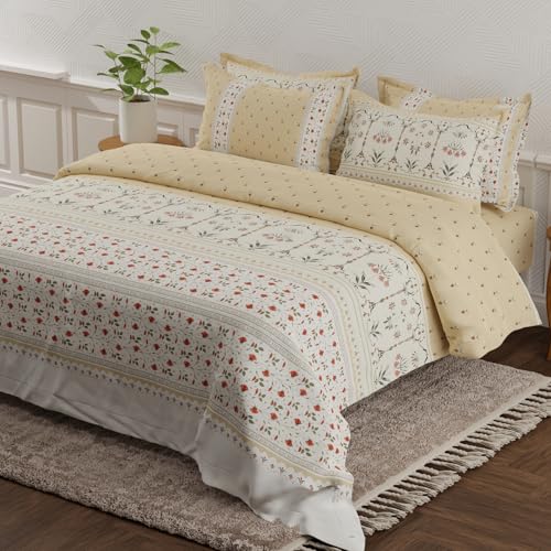 Image of BOUTIQUE LIVING Platinum Pulse 100% Cotton 800 TC Beige Digital Meenakari Print King Bedsheet with 4 Pillow Covers