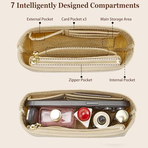 Image of Doxo Purse Organizer Insert for Longchamp Le Pliage XS, Premium Felt Tote Bag Organizer with 7 Compartments and Zippered Pocket (Beige, Mini)