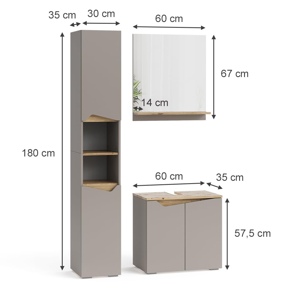Vicco Combinación de Muebles de baño Marelle, Gris, 60 cm | compuesto por mueble bajo lavabo, espejo con armario y columna de baño