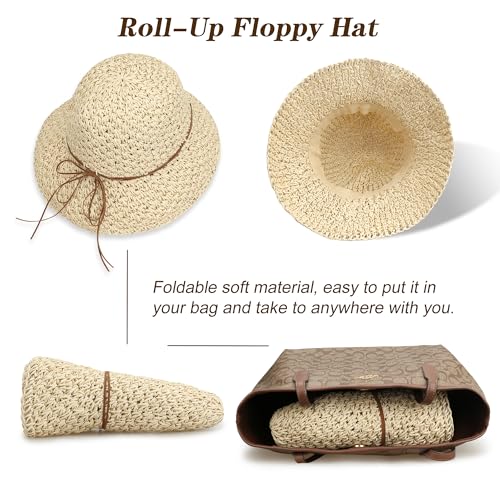 Image of Women Wide Brim Sun Hat UPF50 Straw Summer Hat Floppy Beach Hat Roll-Up