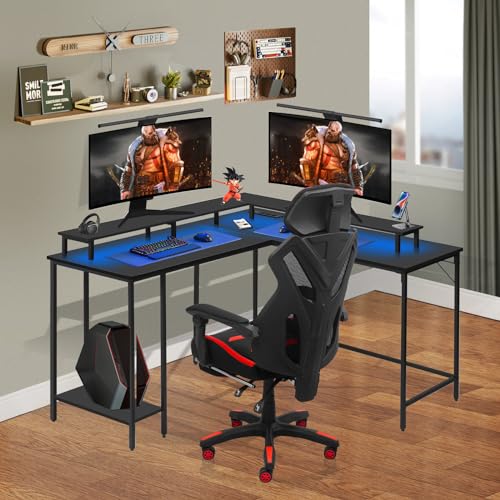 L Shaped Gaming Desk with LED Lights and Power Outlet