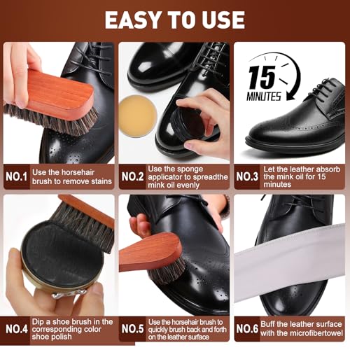 15pcs Shoe Shine Kit, Shoe Polish Kit, Leather Boot Care Kit, with Horsehair Brush&Wooden Applicator – Portable Travel Shoe Polish Kit for Brown/Black/Neutral Shoes