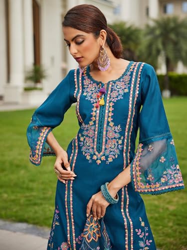 Image of INDO ERA Women's Silk Blend Embroidered Straight Kurta Pant with Dupatta (Ieout6967)