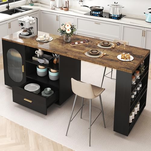 Image of HSH Rolling Kitchen Island with Seating & Storage with Wheels, Rustic Brown | 72 inch Large kitchen island, 360 swivel & extendable table, movable island Cart with cabinet, drawer and shelves for Kitchen