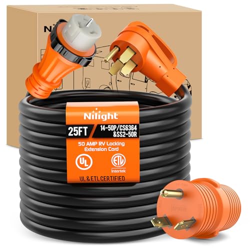 Image of Nilight 50 Amp 25FT RV Locking Extension Cord with Adapter 30Amp to 50Amp 250V Heavy Duty 6 /3+8 /1 Gauge Pure Copper STW Wire ETL Listed 4 Prong 14-50P CS6364&SS2-50R Cable Suit for Campers Caravan