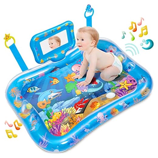 RONIPIC Tummy Time Water Mat with Mirror and Rattles,XL Inflatable Water Mat for Babies Infants Toddlers, The Perfect Fun Time Play Activity Center Teething Toys for 3 6 9 12 Month Baby Boy Girl