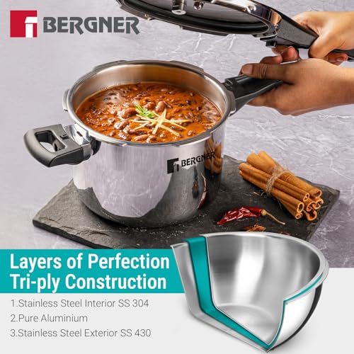 Image of Bergner Argent Elements Triply Stainless Steel 5.5 L Outer Lid Pressure Cooker, Healthy Cooking, Even Heat Distribution, Sturdy Handle, Easy Lock System, Safety Gasket - Induction and Gas Stove Ready