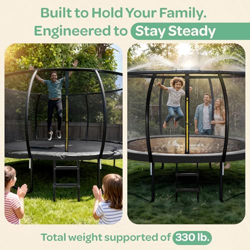 Image of JoyBerri Trampoline Outdoor - Upsurge ASTM Certified Safe 8Ft 10Ft 12Ft 14Ft 15Ft 16Ft Recreational Trampoline for Kids and Adults. Anti-Rust Coating with Enclosure Net, Ladder, Sprinkler & LED Lights