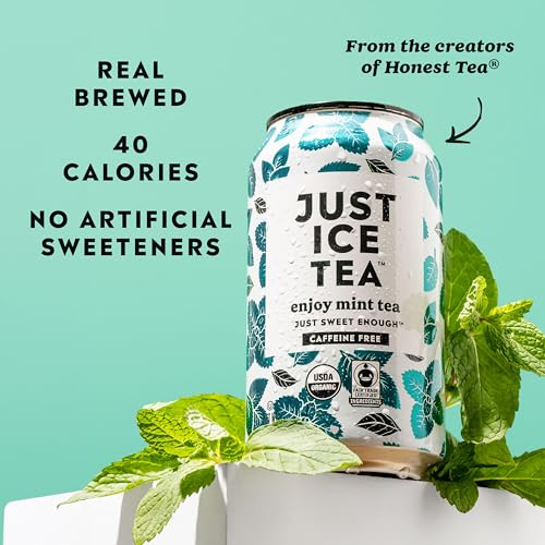 Image of Just Ice Tea, Enjoy Mint Iced Tea, 12-Pack (12oz Cans), Caffeine Free Herbal Tea, USDA Certified Organic, Real Brewed, Low Calorie, No Artificial Sweeteners, Fair Trade, Made in USA.