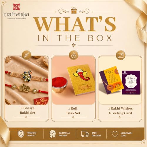 Image of CraftVatika Kundan Rakhi Set for Brother Set of 2, Designer Peacock Rakhi for Brother Boy Men, Premium Kalash Raki for Bhaiya, Traditional Rakshabandhan Rakhis with Best Wishes Card and Tillak Set