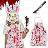 HUTRADE Disfraz Carnicero de Halloween - Delantal Sangriento con MáScara Horror Conejo Set, Sangriento Carnicero Disfraces y Cuchillo Sangriento, para Disfraces y Fiestas Espeluznantes, Carnaval