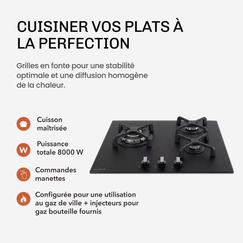 BELDEKO Plaque Gaz 3 Feux 6200W Noir Mat Grilles Fonte - Marque Française