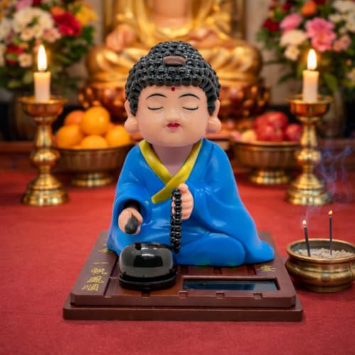 Image of Solar-Powered Moving Head Buddha Statue| Feng Shui Monk Figurine for Positive Energy, Peace & Prosperity | Shaking Head Buddha Idol for Car Dashboard, Home & Office Decor (Blue)