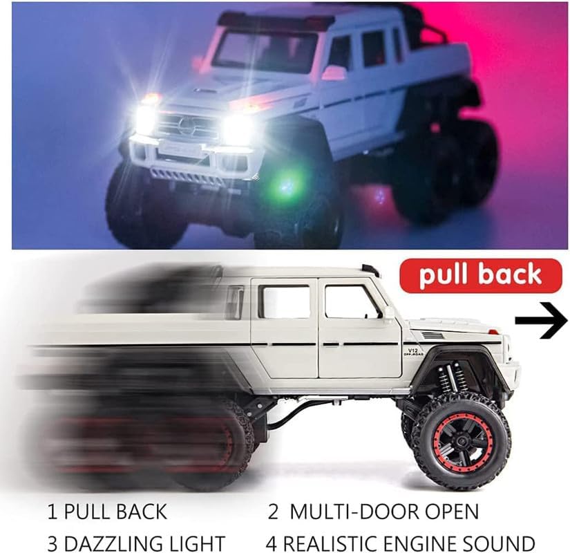 Image of Kids Model 1:24 AMG 6X6 Die Cast Metal Car Pull Back Action Opening Doors with Realistic Engine Sound Lights Toy Car Gift for Boys - White