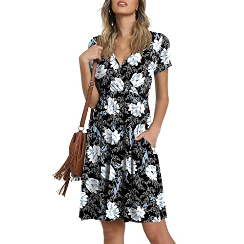 Vestidos Niña Foque Mujeres Verano 2022 Casual Vestidos de Manga Corta V Vestido Cuello Vestido Suelto cómodo Beach Sundres con Pocket (Black, M)