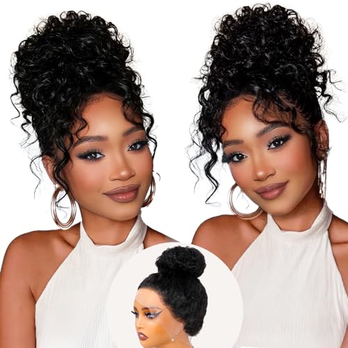 Nokjag Hidden Strap 360 Lace Front Wigs Human Hair for Black Women 250% Density Upgraded Deep Wave 360 Full Lace Frontal Wigs with Drawstring Curly Human Hair Wig Pre Plucked with Baby Hair (18 Inch)