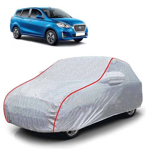 Image of Sulfar 100% Waterproof Car Body Cover Compatible with Mirror for Nissan Datsun Go+ (Triple Stitched, Full Bottom Elastic, Magic Silver with Red Piping)