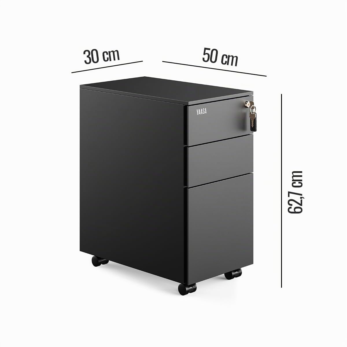 Yaasa File Cabinet Edged Kompakt Schwarz, Rollcontainer verschließbar, Büro | 80L Stauvolumen, Rollcontainer aus Stahl, Zentralschloss für 3 Laden mit zwei Schlüsseln, feststellbare Räder, Stifteeinsatz