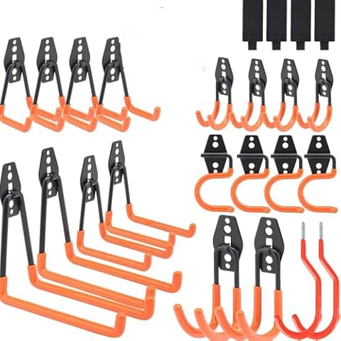 Aignis Upgraded 24 Packs Garage Hooks Utility Double Heavy Duty with Mop Broom Holders, Wall Mount Hooks, Garage Storage Organization and Tool Hangers for Power ＆ Garden Tools, Ladders, Bikes(Orange) Cover