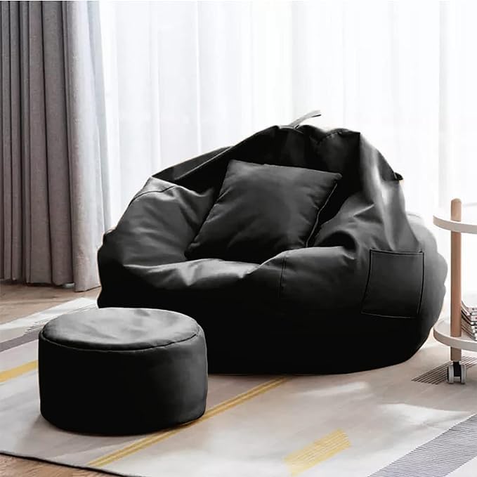 INSTER 5XL Bean Bag with Relaxing Footrest & Cushion Cover Without Beans Ultra Soft Leatherette Bean Bag Chair for Comfortable and Cozy Seating Soft Fabric Double Stitching Top Handle (Black)