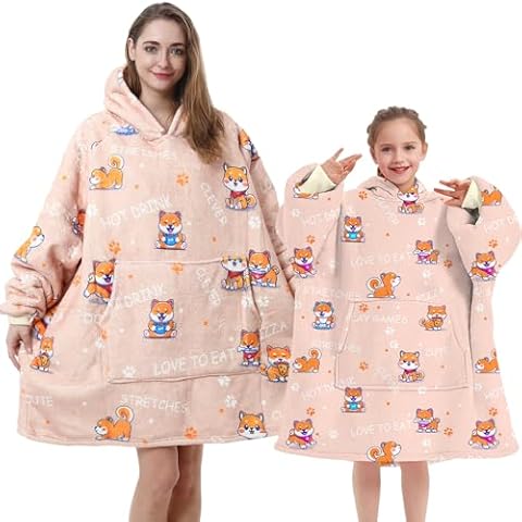 ARTHMOM Wearable Blanket Hoodie for Adult Kids, Oversized Comfy Fuzzy Fleece Sherpa Hooded Blankets Sweatshirt Cozy Winter Warm Giant Blanket Pullover Sweater with Pocket (Shiba Inu, Adult) Cover