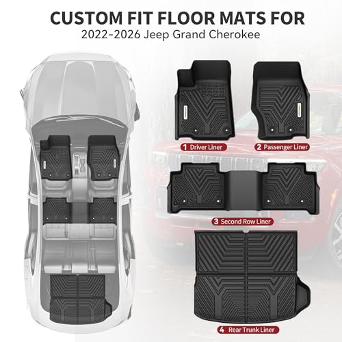 Image of YITAMOTOR Floor Mats for Jeep Grand Cherokee 2026-2022 All Weather Car Mats | Full Set (Include 4xe NOT for L or WK), Custom Fit TPE Rubber Mat, Cherokee Accessories, Anti-Slip Floor Liners Set, Black