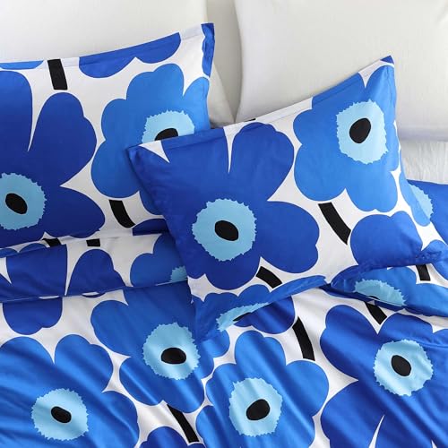 Image of MARIMEKKO - King Duvet Cover Set, Cotton Percale Reversible Bedding with Matching Shams, Floral Home Decor (Unikko Blue, King)
