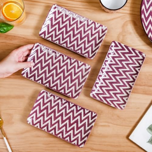 Image of Nestasia Set of 4 Ceramic Serving Platters (7 Inch Each) - Elegant Rectangular Serving Trays with Glossy Finish | Ideal for Sushi, Snacks, Starters & Gifting (Purple & White Zig Zag Pattern)