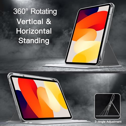 Image of TGK Rotating Case for Redmi Pad SE 11 inch with Pencil Holder 360 Degree Rotation Protective Trifold Stand Cover Clear Back (Grey)