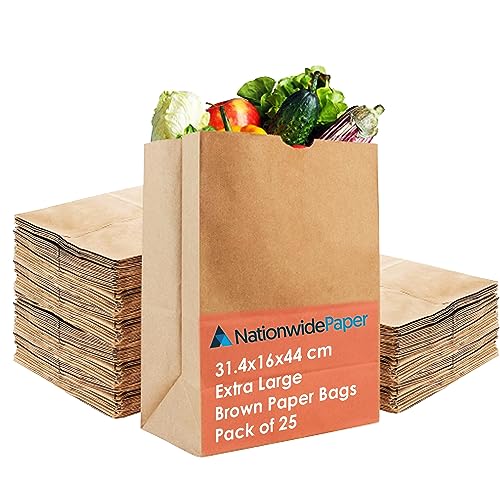 Nationwide Paper Extra Large 25 Pcs Brown Paper Bags No Handles Strong Takeaway Paper Bags for Grocery Fruits Vegetables 31.4x16x44cm