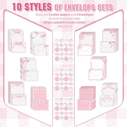 Image of TaoBary 160 Pcs Pink Bow Stationery Paper Set for Girls with Stationery Letter and Envelopes 50 Double Sided Papers with 50 Matching Envelopes and 60 Round Dot Sticker 10 Design (5.5 x 8.25 Inch)