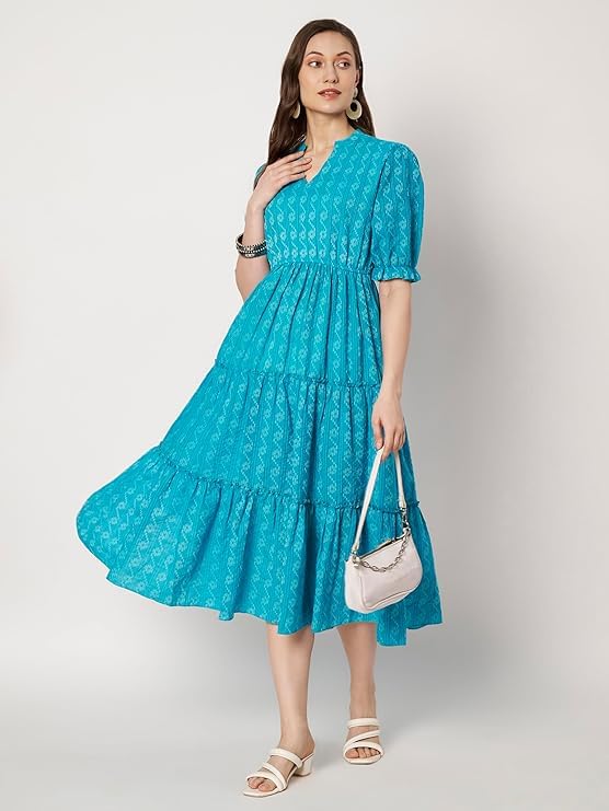 Image of PIDAVLIYA'S Women's Floral Summer Maxi Dress I Cotton Printed I One Piece Bodycon Midi Dress with V-Neck, Puffed Sleeves