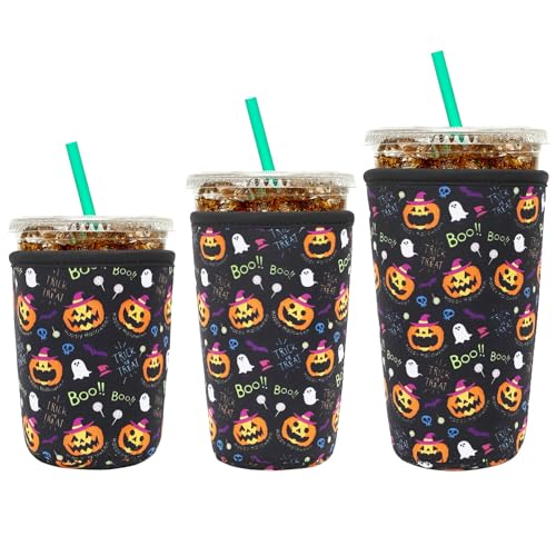 Image of YR Reusable Neoprene Insulator Sleeve for Iced Coffee Cups, 3 Pack Coffee Coolies sleeves for Iced & Hot Drinks, Cold Beverage Cooler Compatible with Starbucks Coffee and More (Halloween Boo)