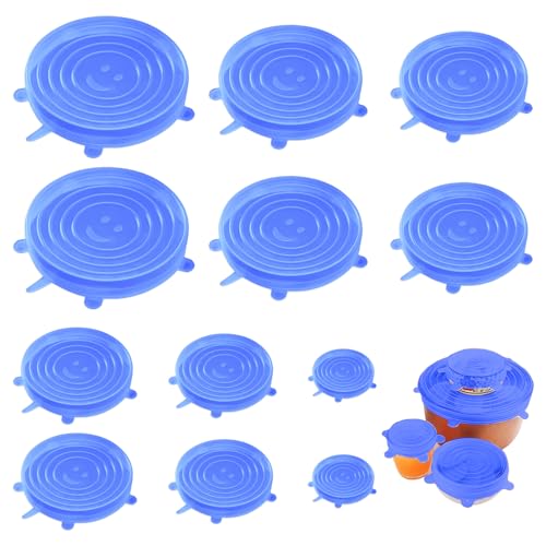 Eddrfy 12 Stück Silikondeckel Dehnbar BPA Frei, Silikon Deckel Universal Dehnbar Wiederverwendbar für Schüsseln Joghurtbecher Gläser, Silikon Stretch Deckel, Dosen Silikondeckel Rund Luftdicht