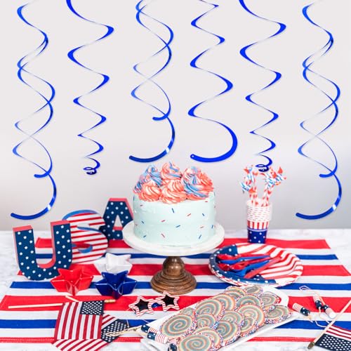Image of 24 PCS Blue Hanging Swirl,Sparkle Ceiling Hanging Decorations, Plastic Streamer Party Decorations with Double-Swirls and Single-Swirls for Birthday Decorations,Graduation,Independence Day,4th of July