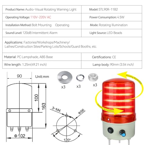 Industrial Warning Light LED Rotating 110V-120V AC Red for Public Emergency Alarms Indoor/Outdoor Safety Siren with Volume Adjustment and Buzzer by ZGSZJHF - Image 5