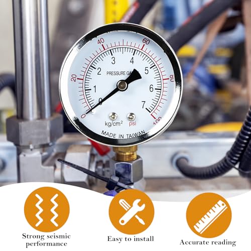 Vakuummeter BSP 1/4, 60mm Well Pump Manometer, 0-7 Bar 0~100 Psi mit 2-Stück Buchse 1/4 zu 3/8, 1/4 zu 1/2, ein Teflonband, für Luft, Wasser, Öl, Luft und andere Materialien
