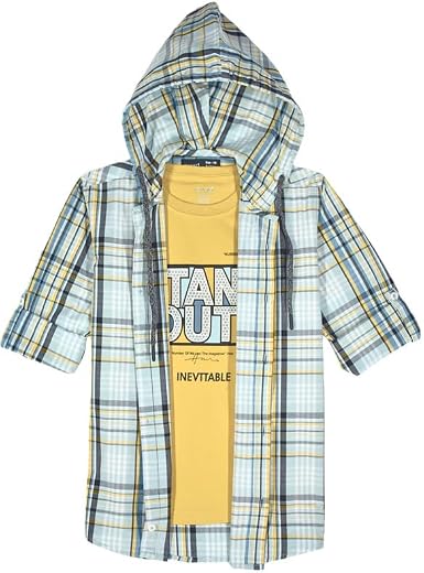 CAVIO Boys Cotton Checks Full Sleeve Hooded Shirt and T-Shirt