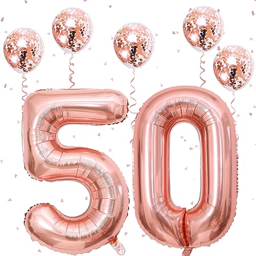 Image of 50th Birthday Number Balloons for Women, Big 50 Number Balloons Foil with Confetti Balloons, Rose Gold 40 Inch Self Inflating 5 & 0 Balloons for Girls Birthday Party Anniversary Decorations Supplies