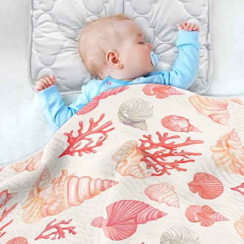 Image of Coral Seashell Light Pink Baby Swaddle Blanket for Boys and Girls, Muslin Baby Receiving Swaddle Blanket, Soft Cotton Nursery Swaddling Blankets for Newborn Toddler Infant
