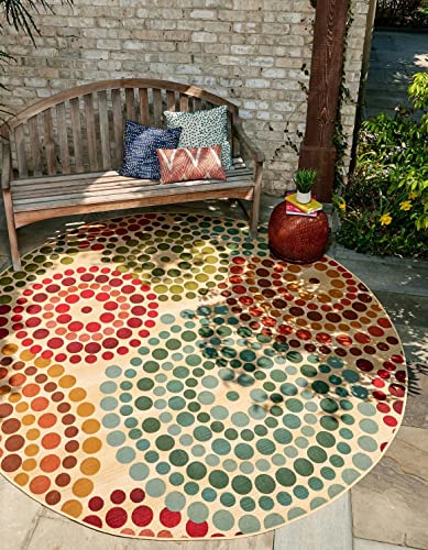 Unique Loom Outdoor Modern Collection Area Rug - Spark (10' Round, Beige/ Burgundy)